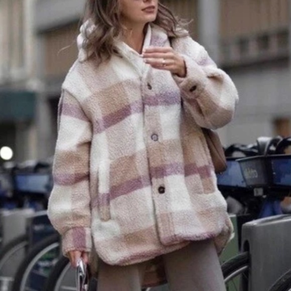 H&M Plaid Pastel Colors Faux Shearling Jacket Lined Warm Size S - Picture 1 of 13